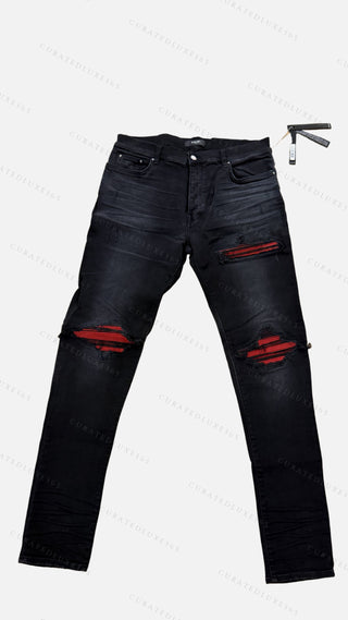 Amiri MX1 Aged Black & Red Patch Jeans — Size 36
