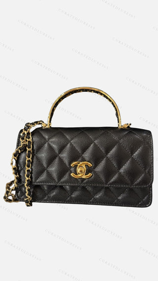 Chanel Black Caviar Mini Flap Gold Top Handle Bag